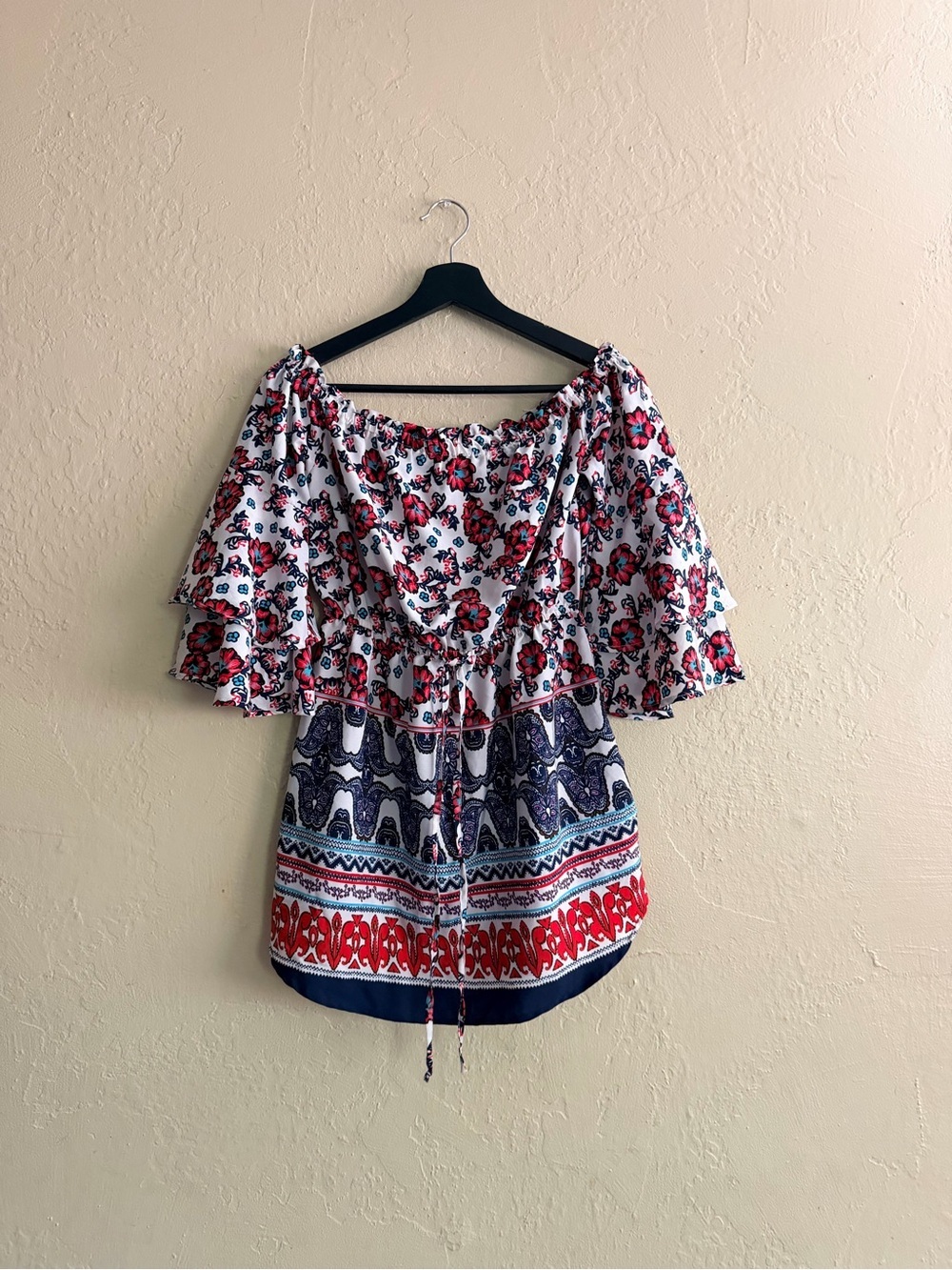 Off-Shoulder Floral Border Mini Dress - White with Red & Navy
